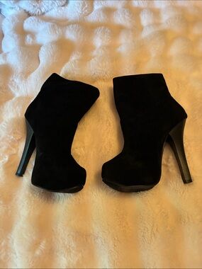 Herstyle Black Faux Suede Platform Ankle Booties/ Fold-Over Style